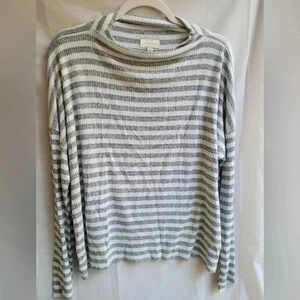 Lucky Brand Women Sweater Large White Gray Striped Lightweight Tunic Oversized